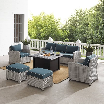 Bradenton 6pc Outdoor Wicker Sofa And Arm Chair Seating Set With Dante Fire Table And 2 Ottomans - Navy/Gray - Crosley 1 Bradenton 6pc Outdoor Wicker Sofa And Arm Chair Seating Set With Dante Fire Table And 2 Ottomans - Navy/Gray - Crosley