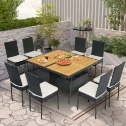 Costway 10 PCS Patio Rattan Dining Set Rectangular Wood Top Tables Cushioned Chair Garden -Outdoor Comfort Deals Store GUEST 51a6d0aa 2725 4ef8 975e 4f1489188b05