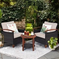 Costway 3PCS Patio Rattan Furniture Set Wooden Frame Cushion Table Shelf RedBeigeBlue 21 Costway 3PCS Patio Rattan Furniture Set Wooden Frame Cushion Table Shelf RedBeigeBlue -Outdoor Comfort Deals Store GUEST 54b8b975 de7f 4911 ac50 8e61964989eb