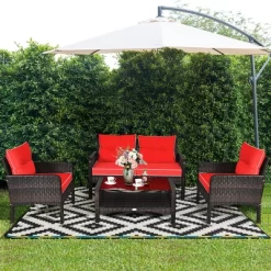 Costway 4PCS Patio Rattan Furniture Set Loveseat Sofa Coffee Table Garden W/Red Cushion -Outdoor Comfort Deals Store GUEST 54d920b5 1fc5 4c6a 9439 b691950ff452