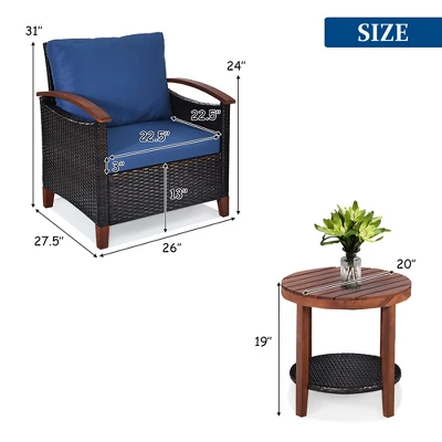 Costway 3PCS Patio Rattan Furniture Set Wooden Frame Cushion Table Shelf RedBeigeBlue 1 Costway 3PCS Patio Rattan Furniture Set Wooden Frame Cushion Table Shelf RedBeigeBlue