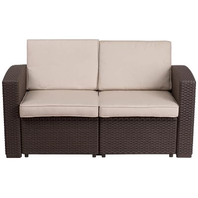 Flash Furniture Chocolate Brown Faux Rattan Loveseat With All-Weather Beige Cushions 7 Flash Furniture Chocolate Brown Faux Rattan Loveseat With All-Weather Beige Cushions - Image 7