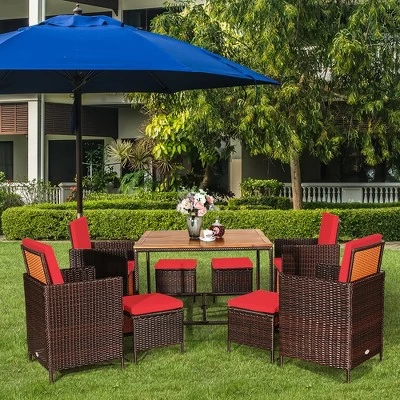 Costway 9PCS Patio Rattan Dining Set Cushioned Chairs Ottoman Wood Table Top WhiteRed 2 Costway 9PCS Patio Rattan Dining Set Cushioned Chairs Ottoman Wood Table Top WhiteRed - Image 2