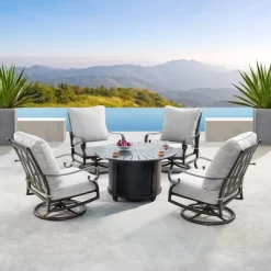 5pc Outdoor Set With 44" Round Aluminum Fire Table Set With 4 Swivel Rocking Chairs & Wind Blocker Lid - Oakland Living