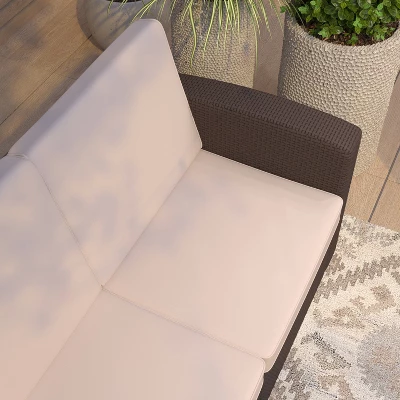 Merrick Lane Outdoor Furniture Resin Sofa Chocolate Brown Faux Rattan Wicker Pattern Patio 3-Seat Sofa With All-Weather Beige Cushions 6 Merrick Lane Outdoor Furniture Resin Sofa Chocolate Brown Faux Rattan Wicker Pattern Patio 3-Seat Sofa With All-Weather Beige Cushions - Image 6