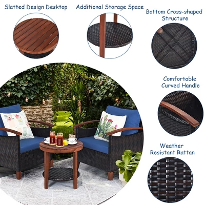 Costway 3PCS Patio Rattan Furniture Set Wooden Frame Cushion Table Shelf RedBeigeBlue 4 Costway 3PCS Patio Rattan Furniture Set Wooden Frame Cushion Table Shelf RedBeigeBlue - Image 4