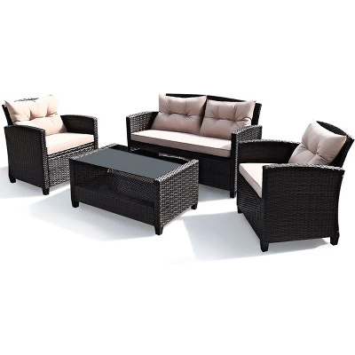 Costway 4PCS Outdoor Rattan Furniture Set Cushioned Sofa Armrest Table 9 Costway 4PCS Outdoor Rattan Furniture Set Cushioned Sofa Armrest Table - Image 9