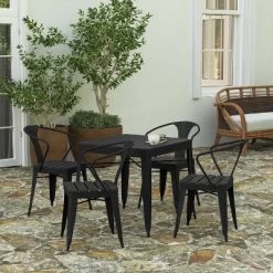 Merrick Lane Five Piece Indoor-Outdoor Dining Table And Chairs Set With 31.5" Square Table And 4 Metal Chairs In Black