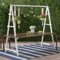 Huckleberry Rectangle Acacia Wood Patio Dining Table With Iron Plant Hanger Dark Brown/White - Christopher Knight Home