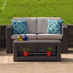 Flash Furniture Chocolate Brown Faux Rattan Loveseat With All-Weather Beige Cushions