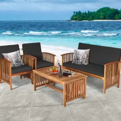 Tangkula 4PCS Patio Acacia Wood Sofa Set Conversation Couch Coffee Table With Cushions -Outdoor Comfort Deals Store GUEST 641af91a 17c5 4d75 8a07 b05d84b167c9