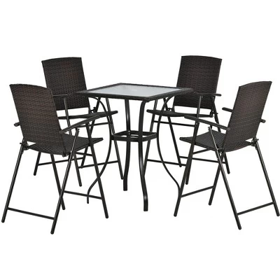 5-Piece Patio Rattan Dining Table Set , Counter Height PE Wicker Dining Table Set With Umbrella Hole And 4 Foldable Chairs, Brown-ModernLuxe 3 5-Piece Patio Rattan Dining Table Set , Counter Height PE Wicker Dining Table Set With Umbrella Hole And 4 Foldable Chairs, Brown-ModernLuxe - Image 3