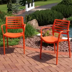 Sunnydaze Decor Sunnydaze Plastic All-Weather Commercial-Grade Astana Indoor/Outdoor Patio Dining Arm Chair, Orange, 2pk