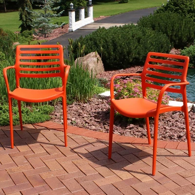 Sunnydaze Decor Sunnydaze Plastic All-Weather Commercial-Grade Astana Indoor/Outdoor Patio Dining Arm Chair, Orange, 2pk 1 Sunnydaze Decor Sunnydaze Plastic All-Weather Commercial-Grade Astana Indoor/Outdoor Patio Dining Arm Chair, Orange, 2pk