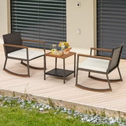 Costway 3PCS Patio Rattan Rocking Chair Bistro Set Armrest Cushion Table With Storage Shelf -Outdoor Comfort Deals Store GUEST 67585143 9815 46a5 a63c 669e55b0016b