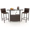 Costway Patio 3PCS Wicker Bar Set Height Table Two Stools With 3 Rows Stemware Racks Garden