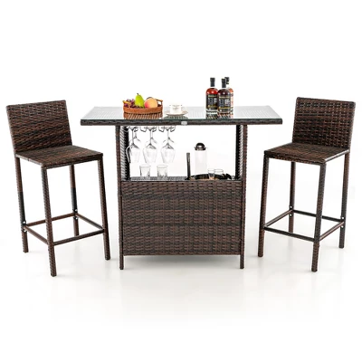 Costway Patio 3PCS Wicker Bar Set Height Table Two Stools With 3 Rows Stemware Racks Garden 1 Costway Patio 3PCS Wicker Bar Set Height Table Two Stools With 3 Rows Stemware Racks Garden