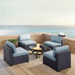 Biscayne 5pc Outdoor Wicker Conversation Set With 4 Armless Chairs & Fire Pit - Mist - Crosley
