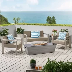 Amata 5pc Aluminum Chat Set With Fire Pit And Tank Holder - Silver/Khaki/Dark Gray - Christopher Knight Home