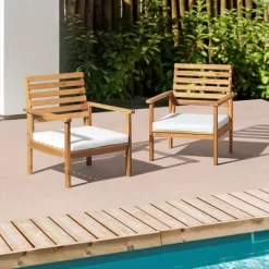 Orwell 2pk Acacia Wood Patio Chairs With Cushions - Natural - Alaterre Furniture