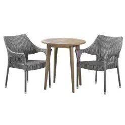 Louisa 3pc Acacia & Wicker Bistro Set - Gray - Christopher Knight Home