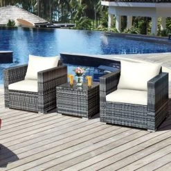 Tangkula 3-Piece Patio Wicker Conversation Set Bistro Rattan Sofa Chair With Washable Cushion