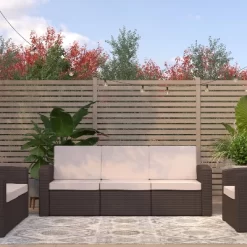 Merrick Lane Outdoor Furniture Resin Sofa Chocolate Brown Faux Rattan Wicker Pattern Patio 3-Seat Sofa With All-Weather Beige Cushions