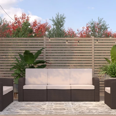 Merrick Lane Outdoor Furniture Resin Sofa Chocolate Brown Faux Rattan Wicker Pattern Patio 3-Seat Sofa With All-Weather Beige Cushions 1 Merrick Lane Outdoor Furniture Resin Sofa Chocolate Brown Faux Rattan Wicker Pattern Patio 3-Seat Sofa With All-Weather Beige Cushions