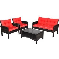 Costway 4PCS Patio Rattan Furniture Set Loveseat Sofa Coffee Table Garden W/Red Cushion -Outdoor Comfort Deals Store GUEST 74bdb015 2fd8 42a0 9b07 09e0ac9c6989