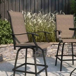 Merrick Lane Set Of 2 Brett High Back Bar Height Swivel Patio Stools With Powder Coated Metal Frames And Textilene Upholstery