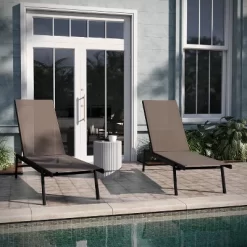 Emma And Oliver Set Of 2 Textilene Adjustable 5 Position Patio Chaise Lounge And Metal Frame