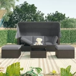 Outdoor Patio Rectangle Rattan Daybed With Retractable Canopy, Cushions And Lifting Table-ModernLuxe
