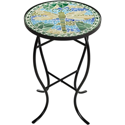 Teal Island Designs Modern Black Round Outdoor Accent Side Table 14" Wide Blue Green Dragonfly Mosaic Tabletop Front Porch Patio Home House 4 Teal Island Designs Modern Black Round Outdoor Accent Side Table 14" Wide Blue Green Dragonfly Mosaic Tabletop Front Porch Patio Home House - Image 4