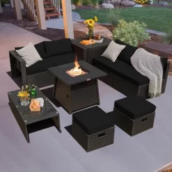 Costway 9PCS Patio Rattan Furniture Set Fire Pit Space-saving W/ Cushion Cover -Outdoor Comfort Deals Store GUEST 827d770d 7936 4620 83f6 80091a592b35