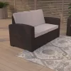 Merrick Lane Outdoor Furniture Resin Loveseat Chocolate Brown Faux Rattan Wicker Pattern 2-Seat Loveseat With All-Weather Beige Cushions