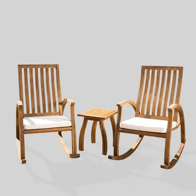 Cayo 3pc Acacia Wood Outdoor Patio Rocking Chair Chat Set - Natural/Cream - Christopher Knight Home 1 Cayo 3pc Acacia Wood Outdoor Patio Rocking Chair Chat Set - Natural/Cream - Christopher Knight Home