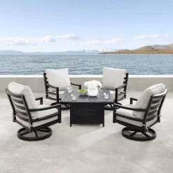 5pc Outdoor Dining Set With 42" Aluminum Square Medallion Design Fire Table & Deep Seating Swivel Rocking Chairs - Oakland Living