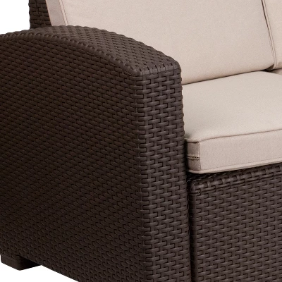 Merrick Lane Outdoor Furniture Resin Sofa Chocolate Brown Faux Rattan Wicker Pattern Patio 3-Seat Sofa With All-Weather Beige Cushions 10 Merrick Lane Outdoor Furniture Resin Sofa Chocolate Brown Faux Rattan Wicker Pattern Patio 3-Seat Sofa With All-Weather Beige Cushions - Image 10