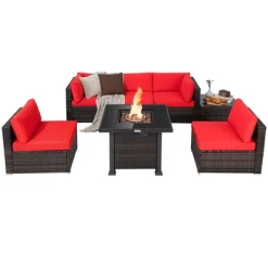Tangkula Patio Rattan 7PCS Cushioned Chair Set Furniture Set Thick Cushion W/ 50,000 BTU Propane Fire Pit Table For Garden Black/Navy/Red/Turquoise/Off White -Outdoor Comfort Deals Store GUEST 8809d78c 8351 4185 bded 950e58476cd3
