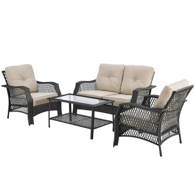 Costway 4PCS Patio Wicker Furniture Set Loveseat Sofa Coffee Table W/ Cushion 9 Costway 4PCS Patio Wicker Furniture Set Loveseat Sofa Coffee Table W/ Cushion - Image 9