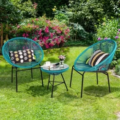 Costway 3PCS Patio Acapulco Furniture Bistro Set Plastic Rope Glass Table