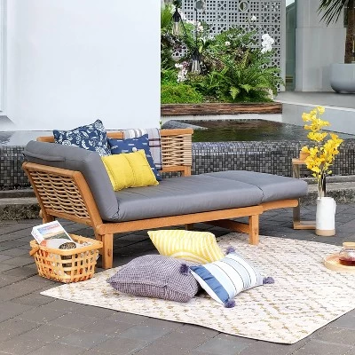Cambridge Casual Auburn Teak & Wicker Outdoor Patio Daybed With Cushion Brown/Blue 3 Cambridge Casual Auburn Teak & Wicker Outdoor Patio Daybed With Cushion Brown/Blue - Image 3