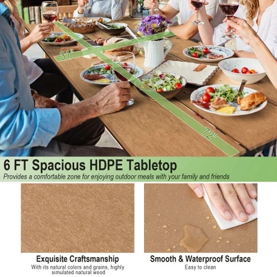 Costway 6FT Picnic Table Bench Set Outdoor HDPE Heavy-Duty Table For 6-8 Person Brown/Grey 6 Costway 6FT Picnic Table Bench Set Outdoor HDPE Heavy-Duty Table For 6-8 Person Brown/Grey - Image 6