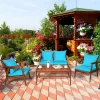 Costway 8PCS Patio Rattan Furniture Set Acacia Wood Frame Cushioned Sofa Chair Turquoise