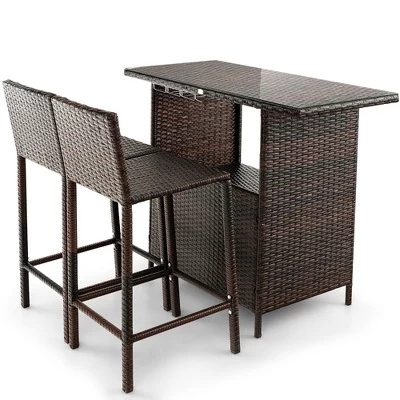 Costway Patio 3PCS Wicker Bar Set Height Table Two Stools With 3 Rows Stemware Racks Garden 9 Costway Patio 3PCS Wicker Bar Set Height Table Two Stools With 3 Rows Stemware Racks Garden - Image 9