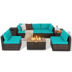 Costway 8PCS Patio Rattan Furniture Set Fire Pit Table Tank Holder Cover Deck Off White/Black/Navy/Red/Turquoise -Outdoor Comfort Deals Store GUEST 8ff0b99b d641 4c07 b428 488e9dd1211a