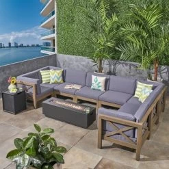 Thasos 10pc Acacia U-Shaped Farmhouse Sectional Sofa Set With Fire Pit - Gray - Christopher Knight Home -Outdoor Comfort Deals Store GUEST 946ae1e4 be2d 4ee6 996d e52f97d86b38