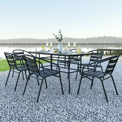 Emma And Oliver 7 Piece Patio Table & Chairs Set With 31.5"x55" Rectangular Metal Table With Tempered Glass Top And 6 Black Aluminum Stacking Chairs 1 Emma And Oliver 7 Piece Patio Table & Chairs Set With 31.5"x55" Rectangular Metal Table With Tempered Glass Top And 6 Black Aluminum Stacking Chairs