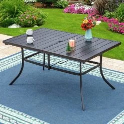 7pc Patio Dining Set With 59"x35" Steel Rectangle Table With 2.6" Umbrella Hole & 6 Steel Arm Chairs - Black - Captiva Designs