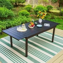 Captiva Designs 7pc Steel Outdoor Patio Dining Set With Rattan Arm Chairs & Rectangle Extendable Table